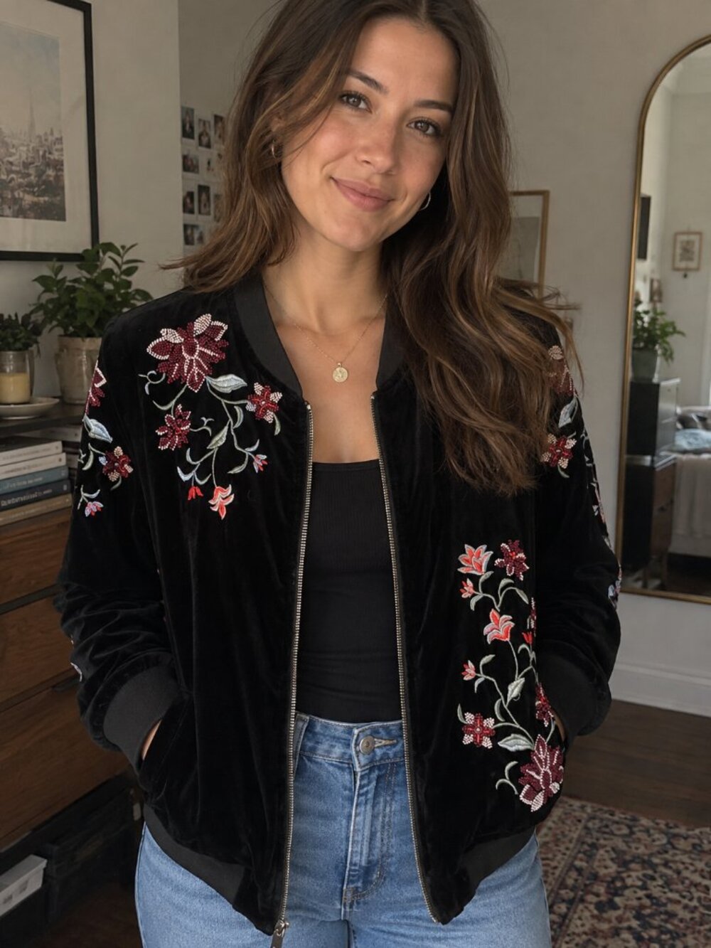 Velvet Embroidered Bomber Jacket